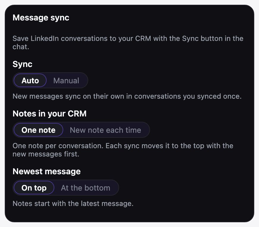 Ln2CRM Message sync settings with Sync set to Auto, Notes in your CRM set to One note and the newest message on top