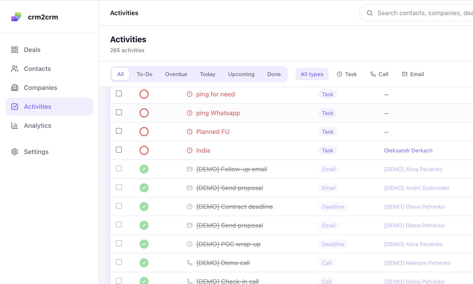 crm2crm Activities list — tasks, calls, emails, deadlines with All / To-Do / Overdue / Today / Upcoming / Done filters at top