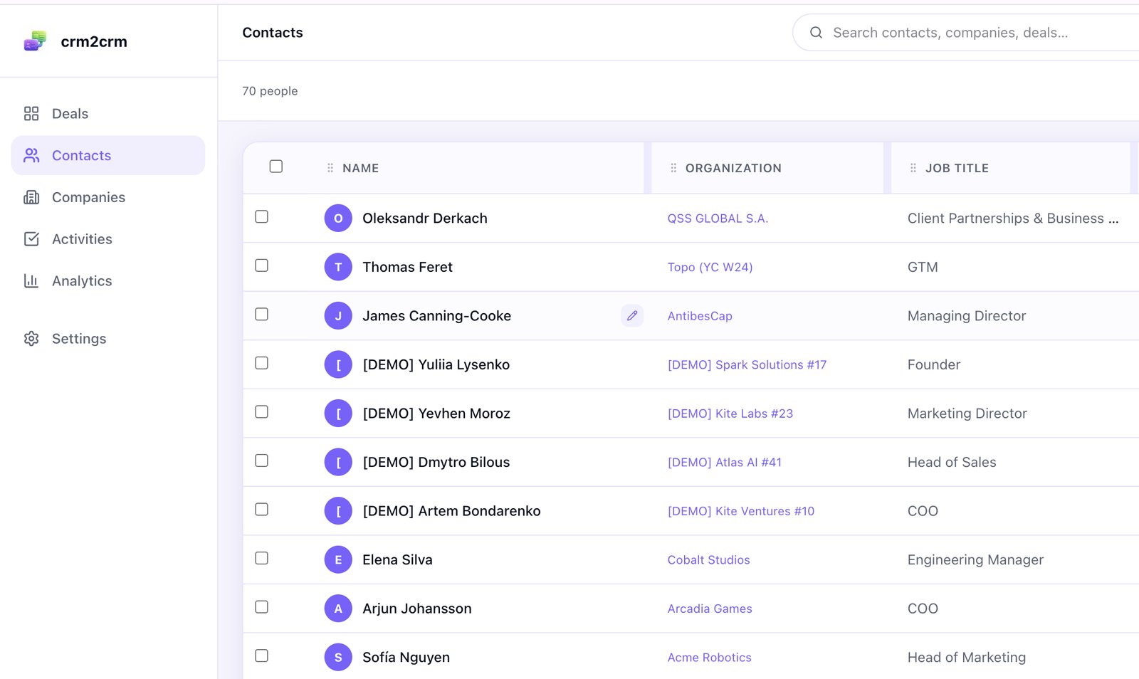 crm2crm Contacts list — table with name, organization, and job title columns, 70 people, search bar at top