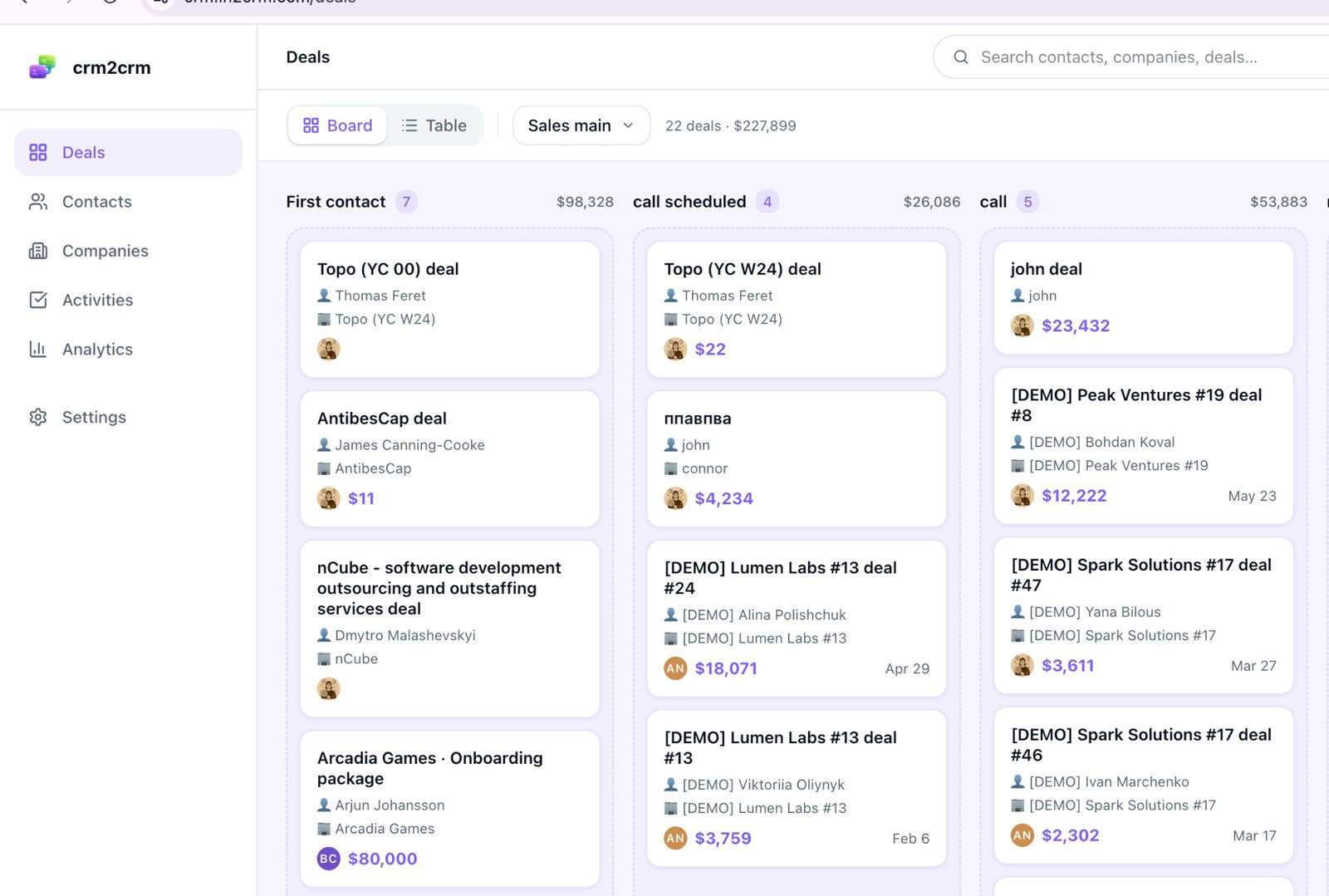 crm2crm Deals board — kanban with First contact, call scheduled, and call stages, deal cards showing person, organization, and value