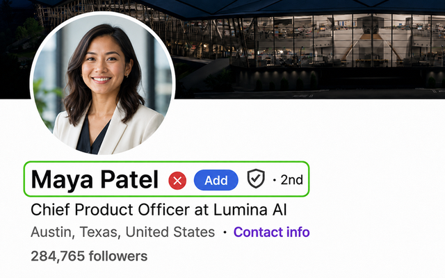 Ln2CRM badge on a LinkedIn profile: a green outline marks the person as already in Salesforce