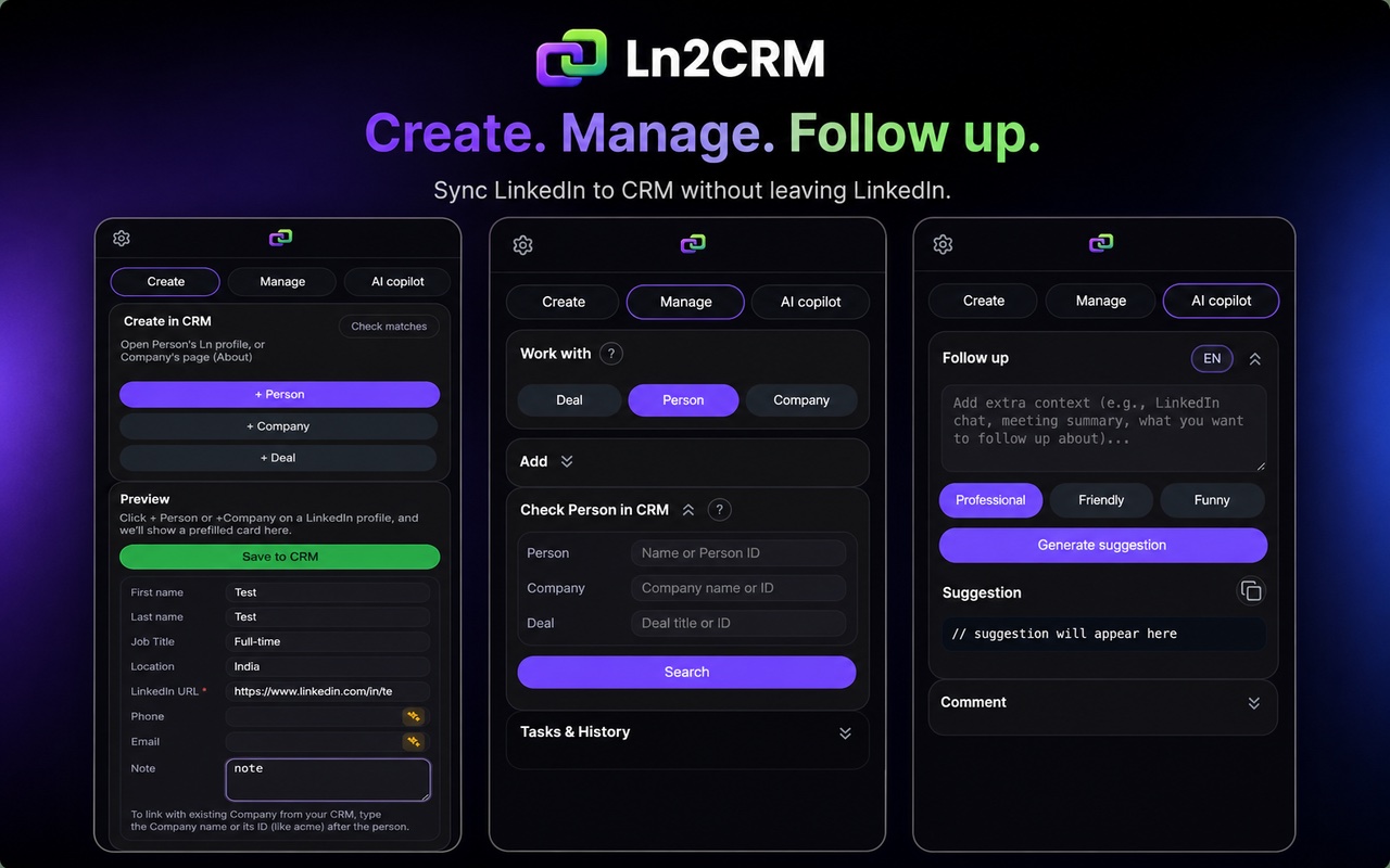 Ln2CRM extension creating a CRM record from a LinkedIn profile