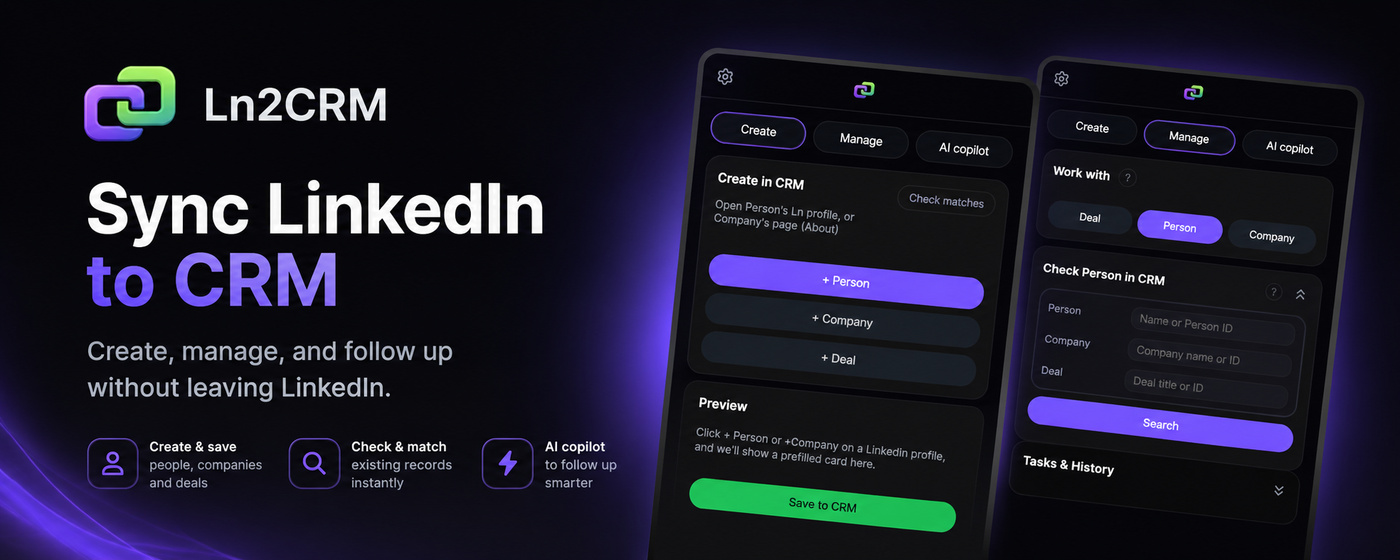 Ln2CRM - LinkedIn CRM integration for Pipedrive, HubSpot, Zoho, & Salesforce